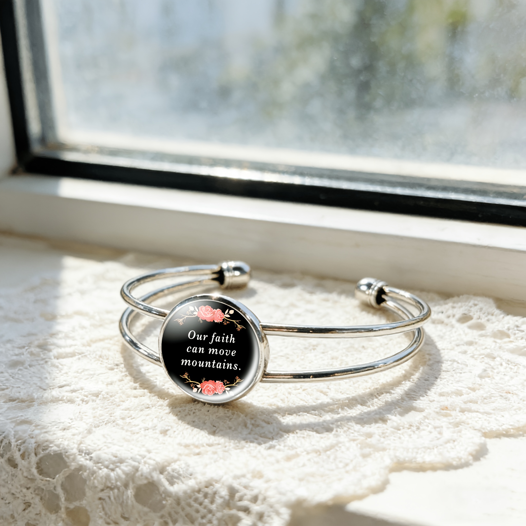 Women's Adjustable Open Bangle with Round Time Gemstone Inlay, Classic Design